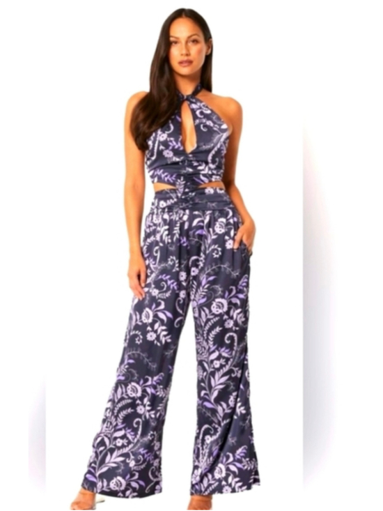 MISA Los Angeles Pants - MISA Los Angeles Layla Indigo Vines Floral Halter Wide Leg Jumpsuit S